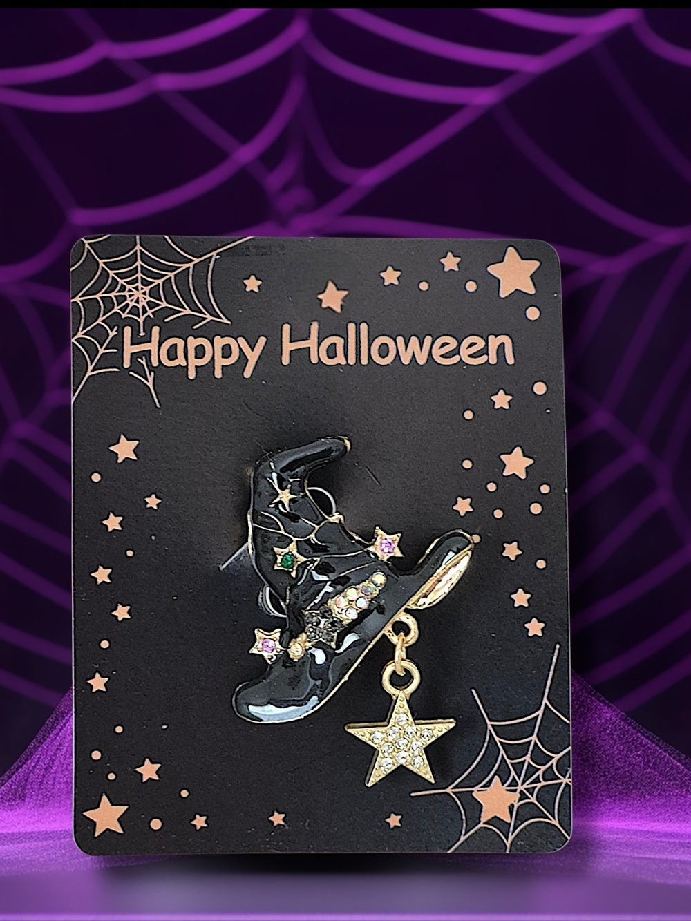 Black Witch's Hat Brooch Pin with Star Charm & Multicolored Crystals